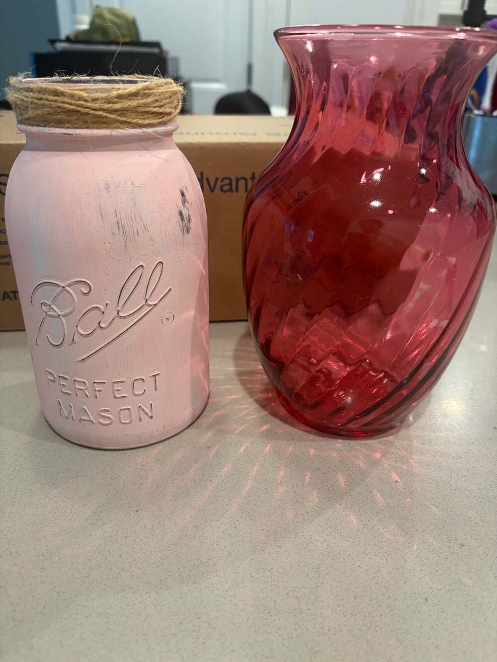 Ball Perfect Mason Jar HandPainted Distressed Pink with Twine and Glass Vase Set
